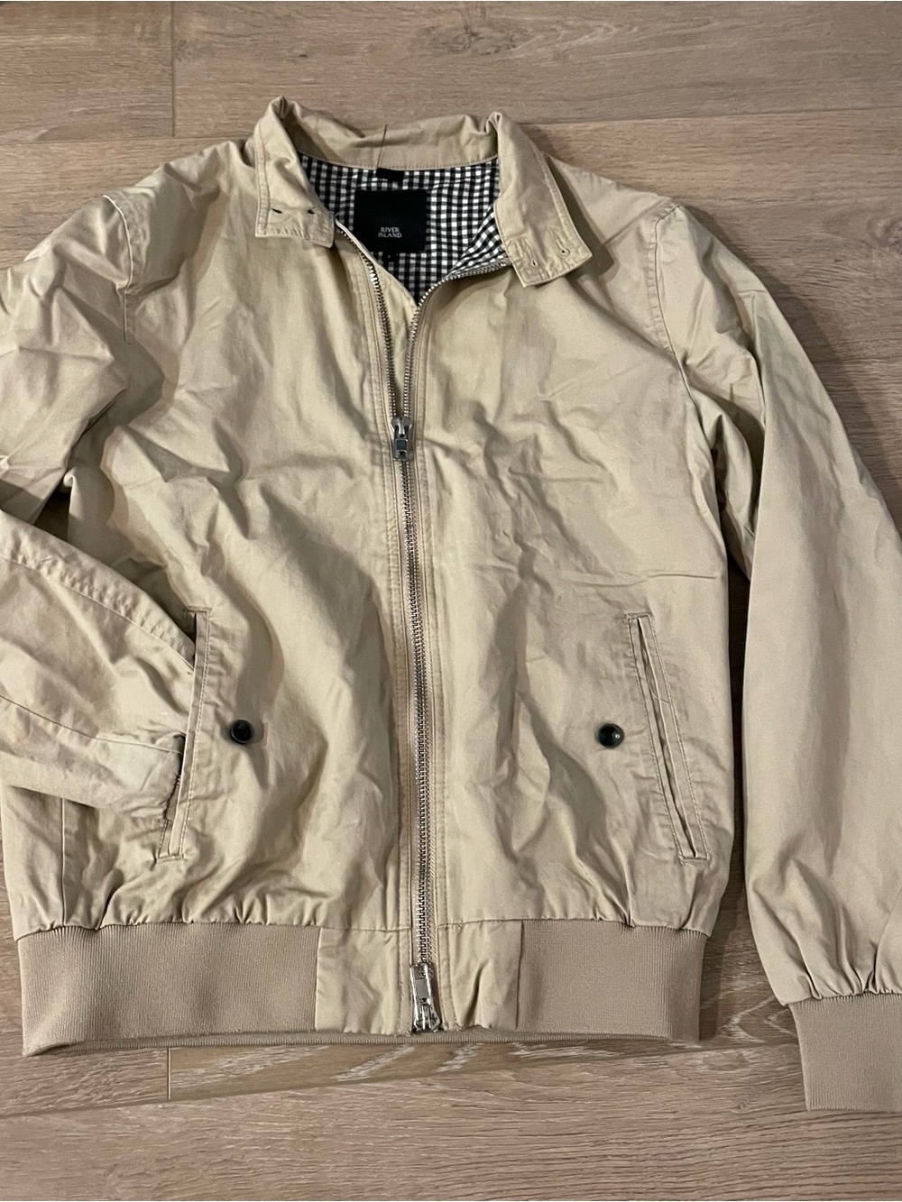 Men's Beige Bomber Jacket with Plaid Lining